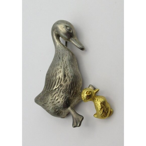 Vintage Pewter Mother Duck With Trembler Gold Tone Duckling Pin Brooch 2" - Picture 4 of 6